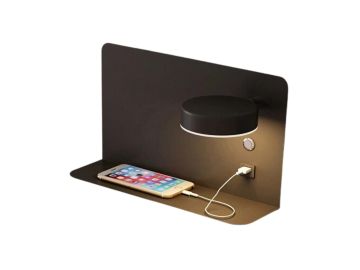 wall lamp with rotatable LED lighting, shelf and usb connection black right