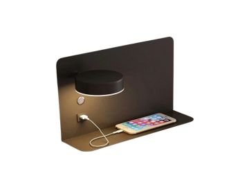 wall lamp with rotatable LED lighting, shelf and usb connection black left