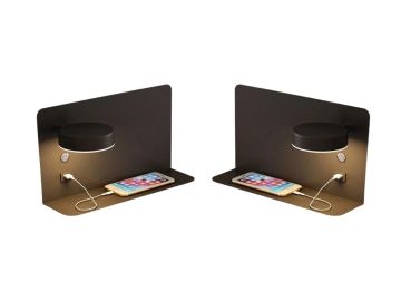 Set made of 2 LED wall lamps with shelf, rotatable lighting and usb connection black 