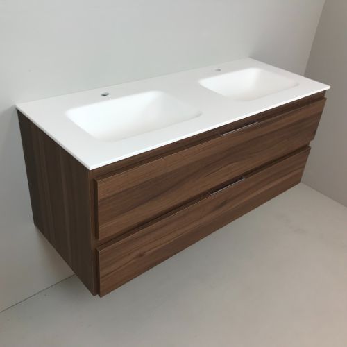 double vanity unit Nogal 120cm, walnut 'look' with Solid Surface washbasin