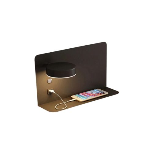 wall lamp with rotatable LED lighting, shelf and usb connection black left