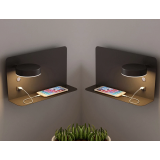 Set made of 2 LED wall lamps with shelf, rotatable lighting and usb connection black 